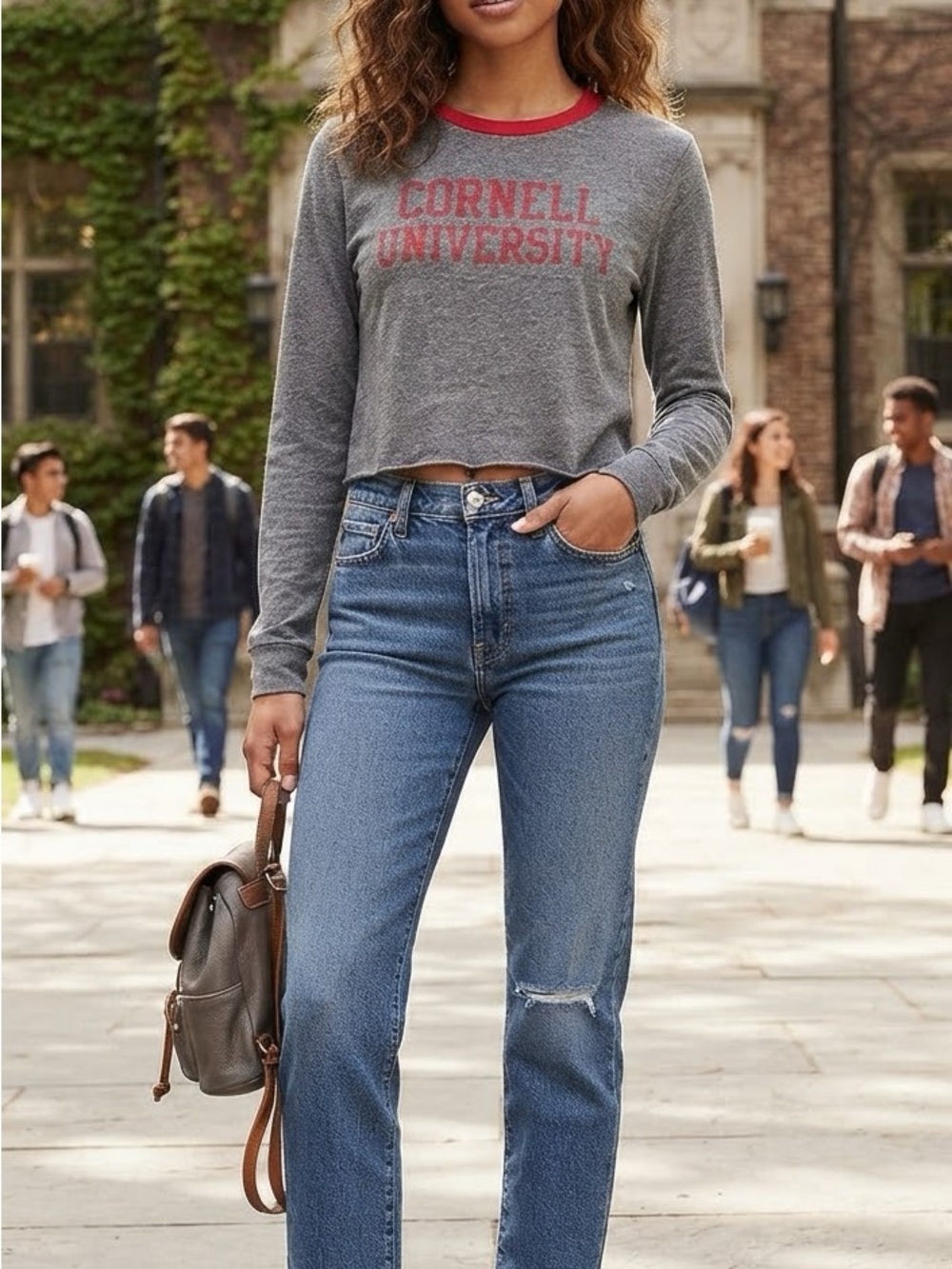 Cornell University Gray Cropped Crewneck Sweatshirt with Red Trim